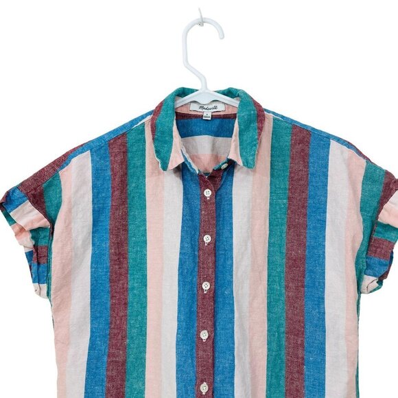 Madewell Size Small Shirt Dress Flagstaff Stripe Pink Blue Linen Blend #L8751 - Picture 4 of 7